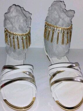 Women's Gladiator Flat Sandals Ankle Strap Gold Chain Back Zip White / Gold Sz12